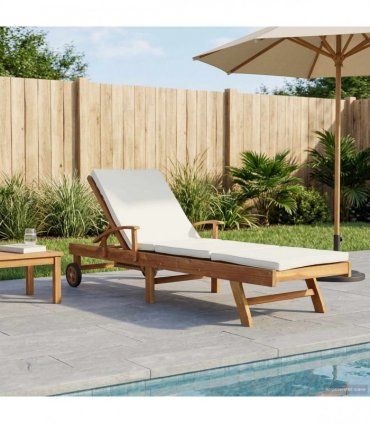 vidaXL Sun Lounger with Cushion Solid Teak Wood Brown and Cream — Model: without table