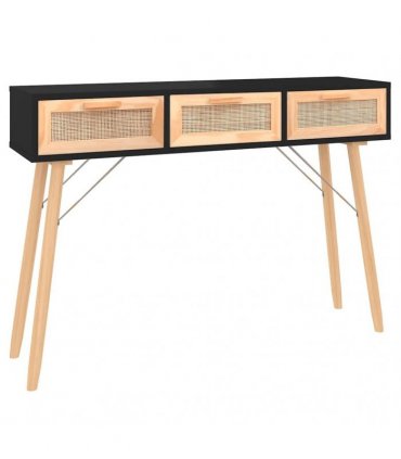 vidaXL Console Table Black 105x30x75 cm Solid Wood Pine&Natural Rattan