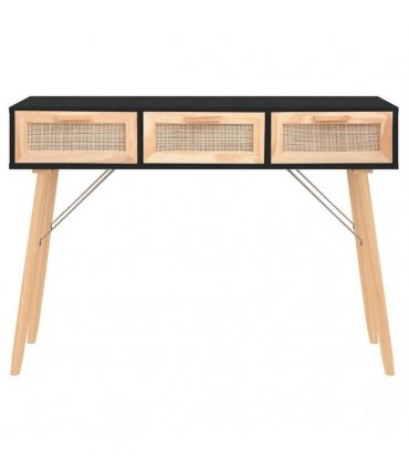 vidaXL Console Table Black 105x30x75 cm Solid Wood Pine&Natural Rattan