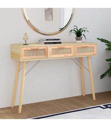 vidaXL Console Table Brown 105x30x75 cm Solid Wood Pine&Natural Rattan