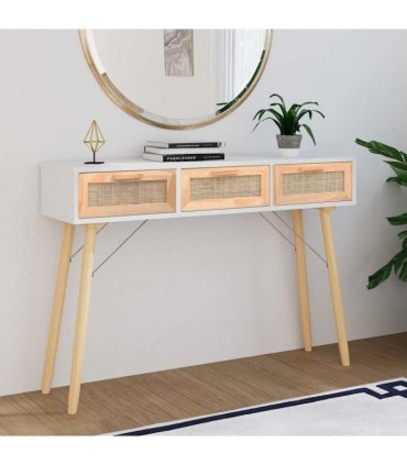 vidaXL Console Table White 105x30x75 cm Solid Wood Pine&Natural Rattan