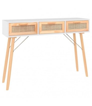 vidaXL Console Table White 105x30x75 cm Solid Wood Pine&Natural Rattan