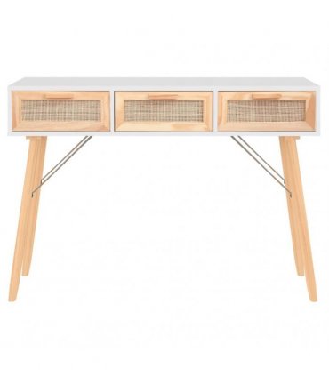 vidaXL Console Table White 105x30x75 cm Solid Wood Pine&Natural Rattan