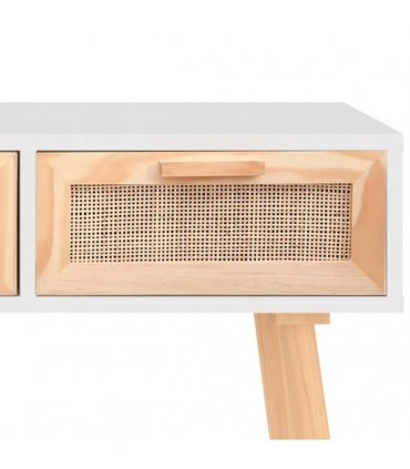 vidaXL Console Table White 105x30x75 cm Solid Wood Pine&Natural Rattan