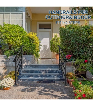Handrails for Outdoor Steps, Wrought Iron Handrail Fits 1 to 4 Steps, Transitional Handrail with Installation Kit, Black