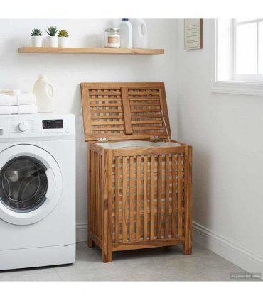 vidaXL Laundry Basket Natural 50 x 35 x 60 cm Solid Teak Wood — Model: with fabric bag — V0672199440