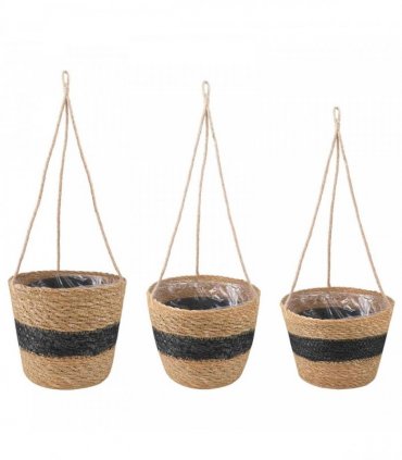 vidaXL Seagrass Plant Baskets 3 pcs Natural and Black Ø26 x 19 cm — Model: Hanging