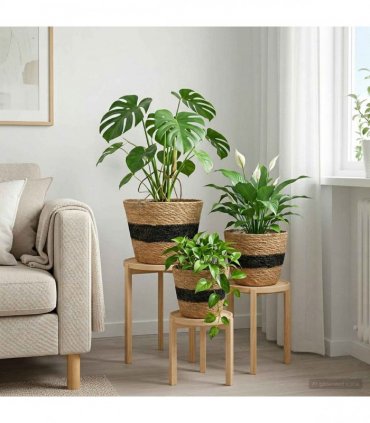 vidaXL Seagrass Plant Baskets 3 pcs Natural and Black Ø26 x 19 cm — Model: Freestanding