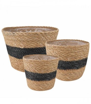 vidaXL Seagrass Plant Baskets 3 pcs Natural and Black Ø26 x 19 cm — Model: Freestanding
