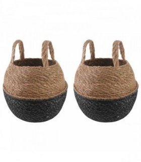vidaXL Plant Pot with Handles 2 pcs Black Ø 22 x 20 cm 100% Seagrass