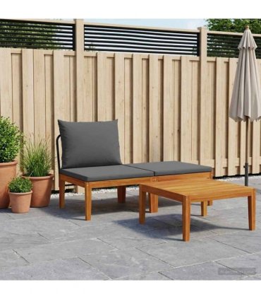 vidaXL 3 pcs Lounge Set Solid Acacia Wood Natural — Colour: Black and anthracite, Model: Middle sofa + footrest + table