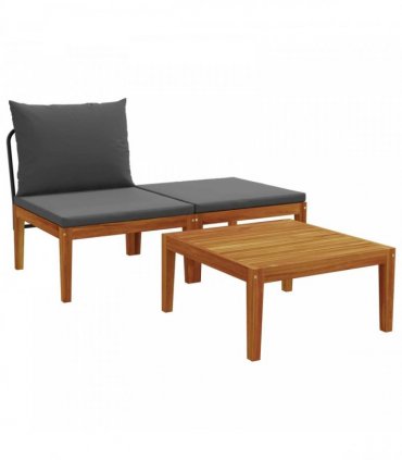 vidaXL 3 pcs Lounge Set Solid Acacia Wood Natural — Colour: Black and anthracite, Model: Middle sofa + footrest + table