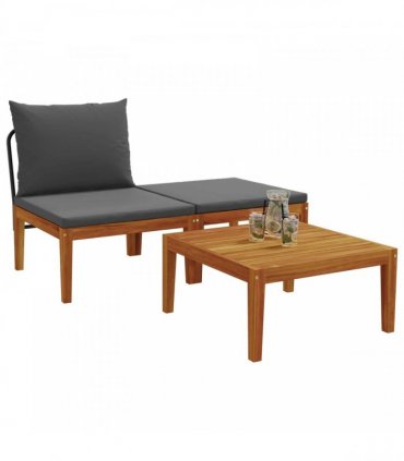 vidaXL 3 pcs Lounge Set Solid Acacia Wood Natural — Colour: Black and anthracite, Model: Middle sofa + footrest + table