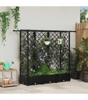 vidaXL Raised Bed with Trellis and Roof Black 164 x 40 x 121 c — Size: 164 x 40 x 123 cm, Model: with flat roof (3 side trellis)