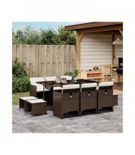 vidaXL 11 Piece Garden Dining Set with Cushions Brown Poly Rattan — V0672218289