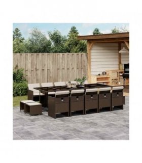 vidaXL 15 Piece Garden Dining Set with Cushions Brown Poly Rattan