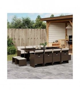 vidaXL 13 Piece Garden Dining Set with Cushions Brown Poly Rattan