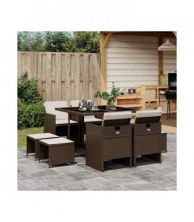 vidaXL 9 Piece Garden Dining Set with Cushions Brown Poly Rattan — V0672218310