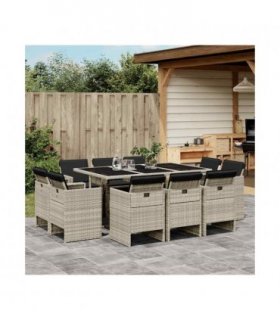 vidaXL 11 Piece Garden Dining Set with Cushions Light Grey Poly Rattan — V0672218324