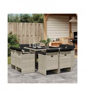 vidaXL 9 Piece Garden Dining Set with Cushions Light Grey Poly Rattan — V0672218325
