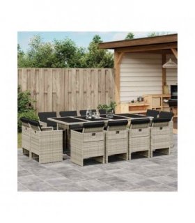 vidaXL 13 Piece Garden Dining Set with Cushions Light Grey Poly Rattan — V0672218327