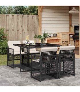 vidaXL 5 Piece Garden Dining Set with Cushions Black Poly Rattan — Colour: black and cream — V0672218330