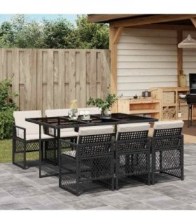 vidaXL 7 Piece Garden Dining Set with Cushions Black Poly Rattan — Colour: black and cream