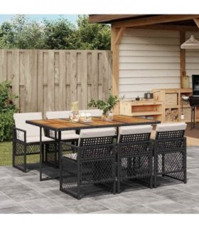 vidaXL 7 Piece Garden Dining Set with Cushions Black Poly Rattan — Colour: black and cream — V0672218336