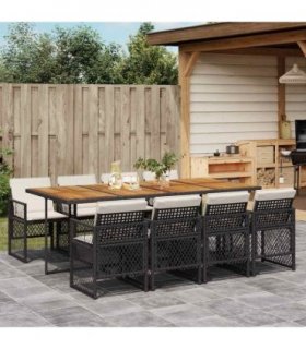 vidaXL 9 Piece Garden Dining Set with Cushions Black Poly Rattan — Colour: black and cream