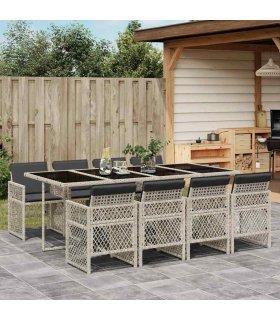 vidaXL 9 Piece Garden Dining Set with Cushions Light Grey Poly Rattan — V0672218341