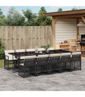 vidaXL 11 Piece Garden Dining Set with Cushions Black Poly Rattan — Colour: black and cream