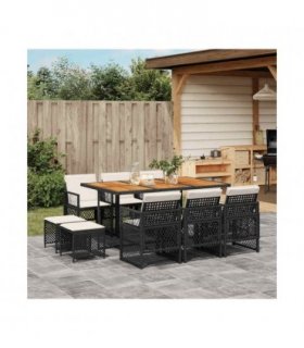 vidaXL 11 Piece Garden Dining Set with Cushions Black Poly Rattan — Colour: black and cream — V0672218390