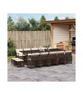 vidaXL 15 Piece Garden Dining Set with Cushions Brown Poly Rattan — Colour: brown and cream