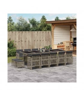 vidaXL 15 Piece Garden Dining Set with Cushions Grey Poly Rattan
