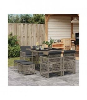 vidaXL 9 Piece Garden Dining Set with Cushions Grey Poly Rattan — V0672218404