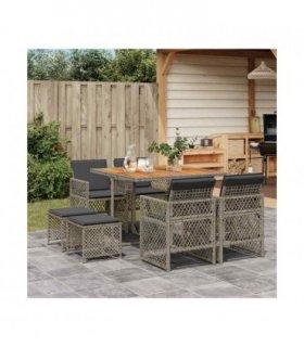 vidaXL 9 Piece Garden Dining Set with Cushions Grey Poly Rattan — V0672218406