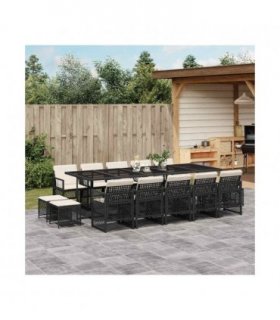 vidaXL 15 Piece Garden Dining Set with Cushions Black Poly Rattan — Colour: black and cream
