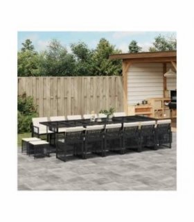vidaXL 17 Piece Garden Dining Set with Cushions Black Poly Rattan — Colour: black and cream