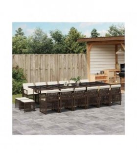 vidaXL 17 Piece Garden Dining Set with Cushions Brown Poly Rattan — Colour: brown and cream