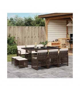 vidaXL 11 Piece Garden Dining Set with Cushions Brown Poly Rattan — Colour: brown and cream — V0672218413