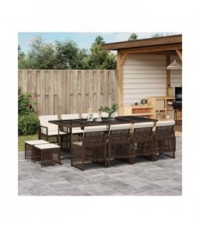 vidaXL 13 Piece Garden Dining Set with Cushions Brown Poly Rattan — Colour: brown and cream — V0672218414