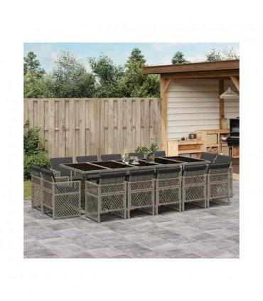 vidaXL 15 Piece Garden Dining Set with Cushions Grey Poly Rattan — V0672218434