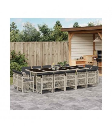 vidaXL 15 Piece Garden Dining Set with Cushions Light Grey Poly Rattan — V0672218439