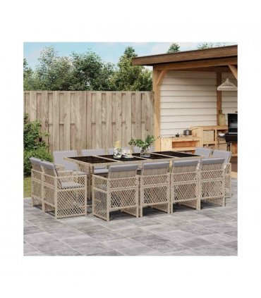 vidaXL 13 Piece Garden Dining Set with Cushions Mix Beige Poly Rattan — V0672218443