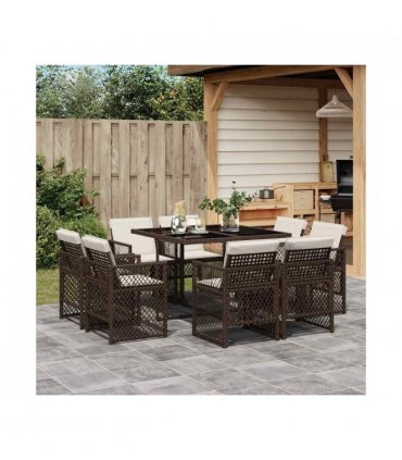 vidaXL 9 Piece Garden Dining Set with Cushions Brown Poly Rattan — V0672218444