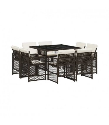 vidaXL 9 Piece Garden Dining Set with Cushions Brown Poly Rattan — V0672218444