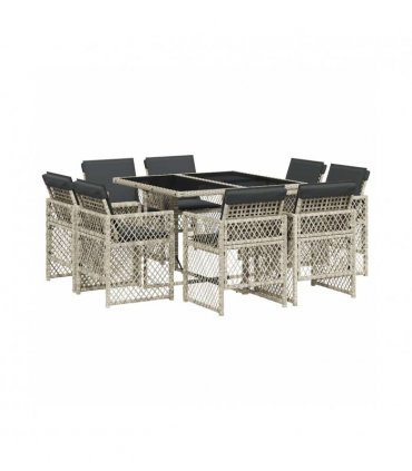 vidaXL 9 Piece Garden Dining Set with Cushions Light Grey Poly Rattan — V0672218445