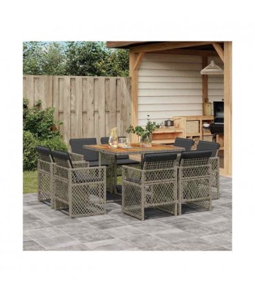 vidaXL 9 Piece Garden Dining Set with Cushions Grey Poly Rattan — V0672218446