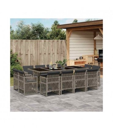 vidaXL 13 Piece Garden Dining Set with Cushions Grey Poly Rattan — V0672218455