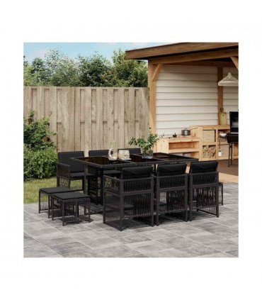 vidaXL 11 Piece Garden Dining Set with Cushions Black Poly Rattan